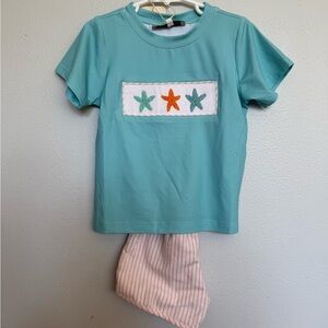 Southern Darlin Smocks Aqua Short Sleeve Tee with Starfish Smocking and shorts